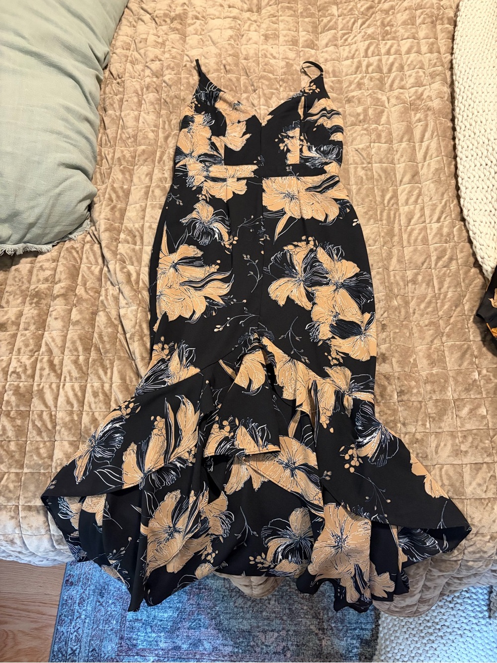 Lulu's Black Spaghetti Strap Dress with Tan Floral Ruffle Hem